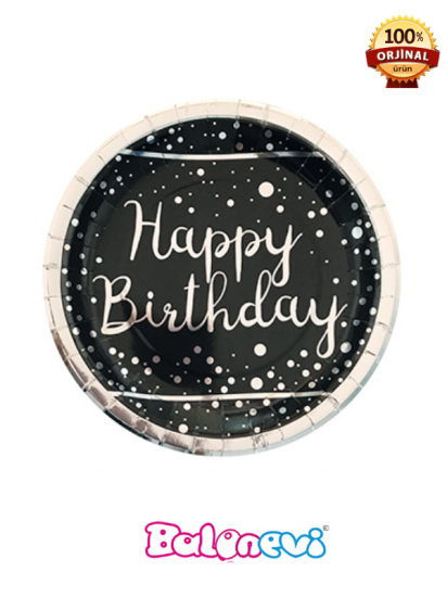 SILVER HAPPY BIRTHDAY VARAK BASKILI SİYAH TABAK 23CM (6AD)
